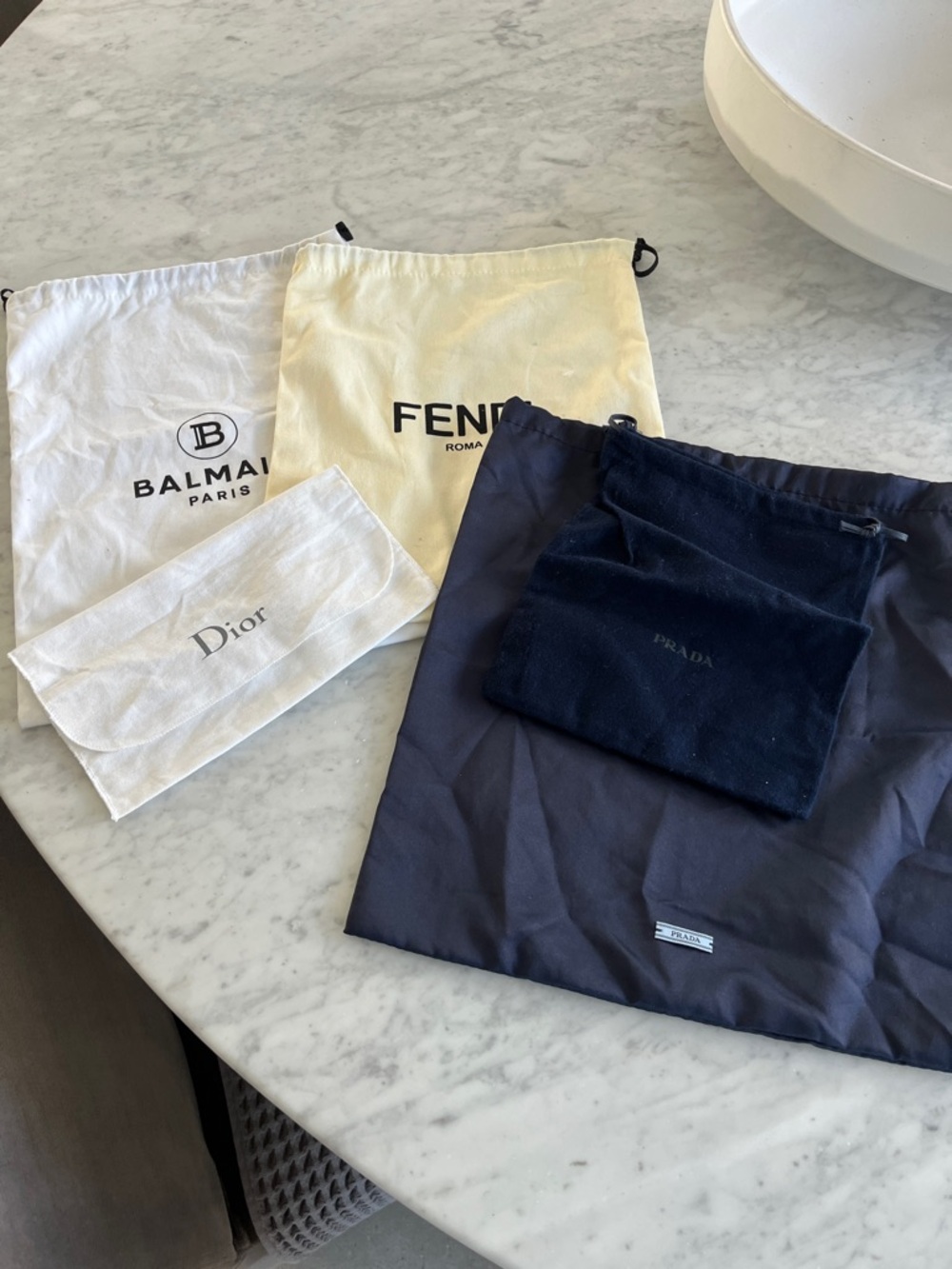 Designer Dust Bag Lot with Fendi, Balmain, Dior & Prada Logos